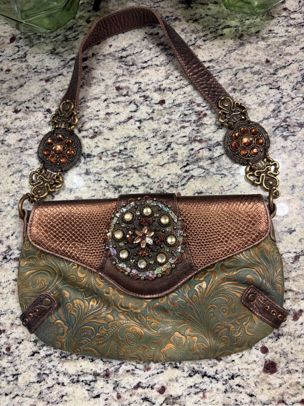 Vintage Leather Rocck Ornate Green and Bronze Embellished Shoulder Bag